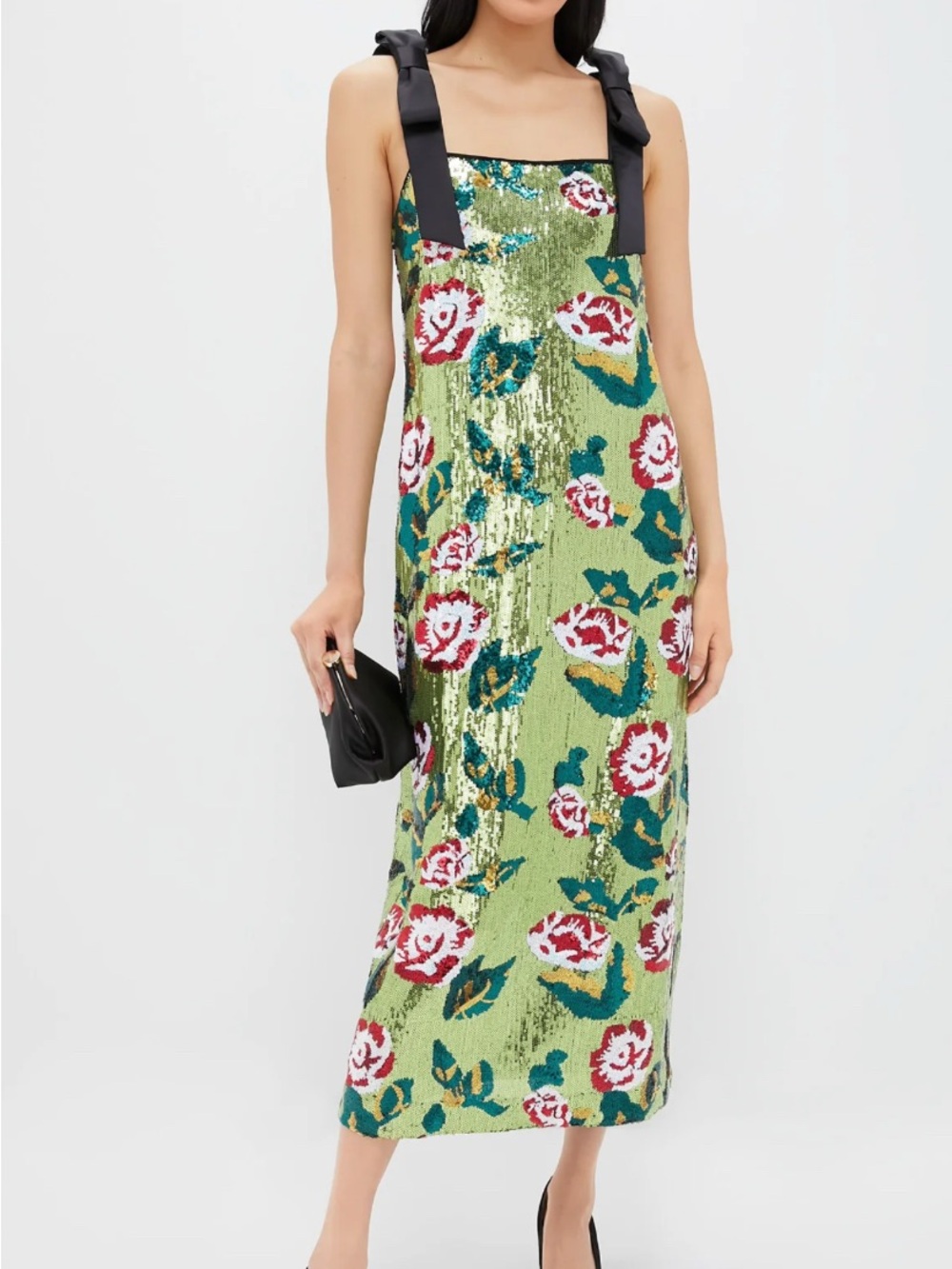 Tuckernuck Green Sequin Floral Dress with Black Neckline